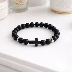 Faith Cross Matte Black Beaded Bracelet